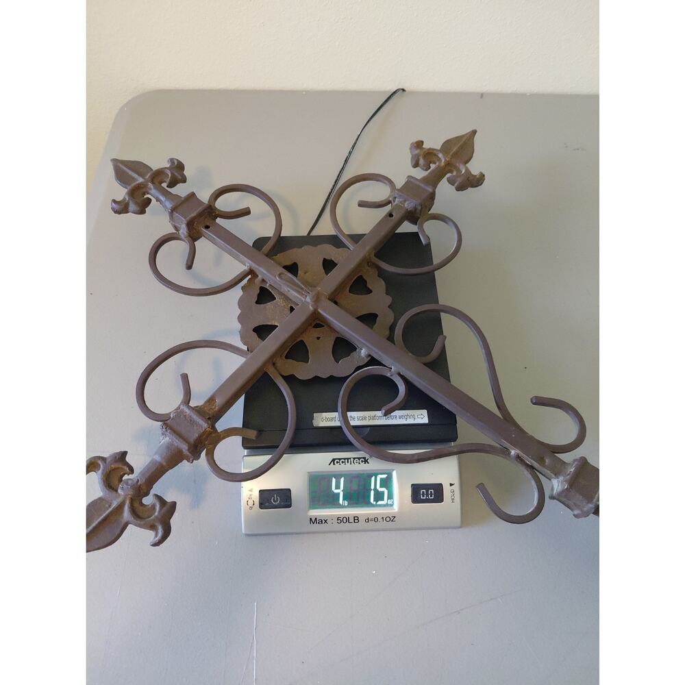 Vtg Large Heavy Cross Fleur de Lis Decorative Cast Wrought Iron Garden Home Goth - Picture 12 of 12